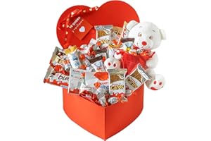 ONZA DULCE Y SALADO SWEET & SALTED Onza Caja Chocolates para regalar. Corazón de chocolatinas Kinder Bueno, Schokobons, Happy Hippo, Kinder Mini, Cards. Incluye Oso de Peluche para Regalo de San Valentín Original, Regalos Pareja.