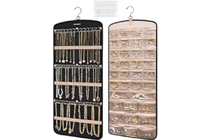bagsmart Hanging Jewelry Organizer, Necklace Holder Anti-tangle Earrings Rings Hanger with 20 Jewelry Bags Travel Storage Roll with Pockets Hang on Closet, Wall, Door,1 Piece, Large, Black