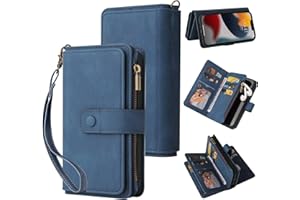 GoodcAcy Funda para OPPO F19 4G/OPPO A74 4G,15 Ranuras para Tarjetas, Estilo Retro, de Piel, y Correa de muñeca, Cierre de Cremallera, Cierre magnético - Azul