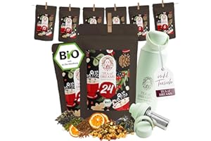 ‎TEA OF DREAMS Tee Adventskalender 2025 Bio - Geschenk für Frauen und Männer - Mit Liebe gefertigt von Menschen mit Behinderung - 24 x 10g Weihnachtskalender (Tee Adventskalender mit Teeflasche Avocado)