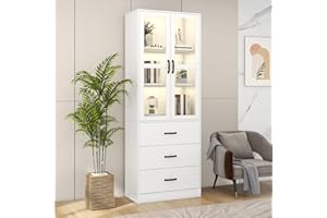 Rtopsu Vitrine Weiß Sideboard Standschrank mit LED-Beleuchtung, Vitrinenschrank Küchenschrank mit 2 Acryltür & 3 Stauraum Schubladen, Schrank für Wohnzimmer Schlafzimmer, 200x60x40 cm