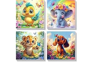 Bowetile 4 Pack Animal Pintar por Numeros Adultos Niños Principiantes con Marco, Kit DIY Cartoon Cuadros para Pintar por Numeros, Pintura Acrilica Manualidades Niña, Regalo 4-8-12+ Años 20X20cm