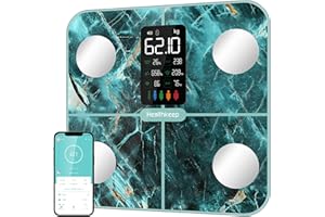 HEALTHKEEP Waga do pomiaru tkanki tłuszczowej, waga łazienkowa do pomiaru tkanki tłuszczowej i masy mięśniowej, 15 danych o ciele, inteligentna waga z aplikacją, duży wyświetlacz, opalizująca zieleń
