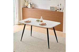 Weegstok Dining Table 140cm MDF Kitchen Table with Round Metal Legs, Modern Wooden Rectangular Dinner desk for 4-6 Person Dining Room, Restaurant, Apartments (Round Leg, White Marble, 140cm)