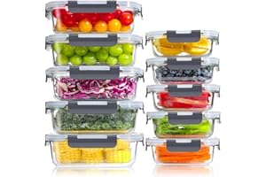 YASHE Boite Alimentaire Verre avec Couvercle Hermétique - Lot de 10 Lunch Box Verre Réutilisables, Sans BPA, Compatibles Micro-ondes, Four, Lave-vaisselle, Congélateur