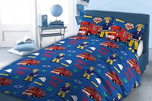 CnA Stores Fireman Sam Double Duvet Cover Set Children's Firefighter Blue Poly Cotton Bedding