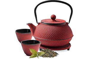 Tealøv THEIERE FONTE 800 ML SET COMPLET | BOÎTE CADEAU | Service à Thé en Fonte avec Théière, 2 Tasses & Dessous Théière | Entièrement Émaillée de l'Intérieur | Design De Style Japonais | Rouge