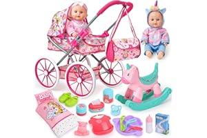 vamei Baby Doll Accessories Playset Toys with Baby Doll & Stroller & Rocking Horse & Bag & Clothes & Feeding Set, Dolls Care Set Role Play Toys Gifts for Kids Girls Toddlers
