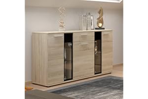 Furnix 3-türig Sideboard Sarai ohne LED - Kommode mit Glastüren und Schubladen - 140 x 80 x 40 cm - Highboard für Wohnzimmer Flur Schlafzimmer - Anrichte mit viel Stauraum - Eiche Sonoma