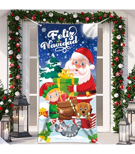 Striscione Natalizio In Tessuto Con Elfi E Babbo Natale 180x90 Cm | Decorazione Esterna/interna Per Porte E Pareti | Atmosfera Divertente Per Le Feste