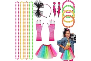 KULANNDER 80s Accesorios de Traje de Vestido Mujer y la Niña, Retro Fiesta con Vestido de Color del Arco Iris Neón Collares Encaje Aros Venda Malla Guantes Cuentas Collar 1980 Fiesta Disfraz (6 Piezas)
