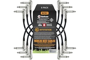 WORLDS BEST CABLES Gotham GAC-1 Patchkabel für Gitarre/Bass/Instrument, hochwertig, ultraflexibel, doppelt geschirmt, 1/4 Zoll (6,35 mm) Niedrigprofil, 20 cm, rechtsgewinkelte Pancake-Anschlüsse Typ TS, 6 Stück