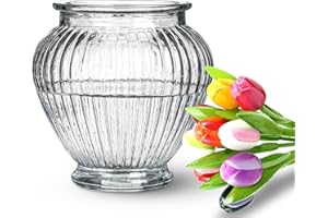 Wrenbury Laurel Ribbed Glass Vase for Flowers 15cm Daffodil Container for Bouquets - Clear Glass Vase for Tulips - Makes a Classic Table Centrepiece