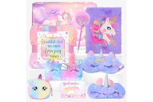 GEEKEO Unicorno Bambina Regalo 2-10 Anni, Unicorno Regalo Kinder Ragazza Diario Peluche Luminoso Coperta Penna Portamonete Astuccio Fascia Capelli Mascherina per Dormire Compleanno Bambini Regali