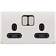 Schneider Electric Lisse Screwless Deco - Switched Double Power Socket Double Pole, 13 A, GGBL3020DBSS, Stainless Steel with Black Insert