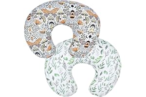 Winmany Confezione da 2 federe per cuscino per allattamento neonato, a forma di U, per allattamento al seno, elastico sostituibile e floreale, 22,5 x 18 (Foglie Verdi + Api Farfalla)