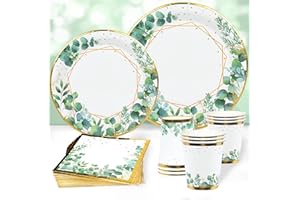 PATIMATE Set Piatti Tovaglioli Carta Verde Salvia, 96 Pezzi Stoviglie per Feste in Verde, Piatti per Baby Shower Tazze Tovaglioli per Feste Compleanno, Baby Shower, Safari Giungla Decorazioni Feste Safari