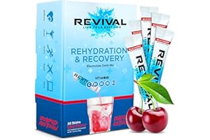 REVIVAL SHOTS Revival Rapid Rehydration Electrolytes Powder - High Strength Vitamin C, B1, B3, B5, B12 Supplement Sachet Drink, Effervescent Electrolyte Hydration Tablets - 30 Pack Cherry