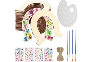 LOPOTIN 34TLG Hufeisen Deko Holz Holzscheiben zum Bemalen Pferde Mädchen Bastelset Geschenk mit Strass Hanfseil Kinder ab 6 Jahre Basteln für Hufeisenwerfen Traumfänger Glücksbringer Pferdeparty