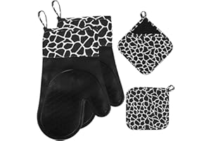 SINLAW Guanti da forno, Resistenti al Calore 230°C,Set di 6 Guanti da cucina, Materiale in silicone e cotone resistente al calore,Presine silicone da cucina,Guanti forno per cucinare e grigliare(Nero)