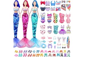 AOPIER 28 Pcs Doll Clothes Accessories Set, 11.5 Inch Doll Swimwear Beach Outfit Includ Bikini Swimsuits Sequin Mermaid Dress Swimming Ring Fashion Glasses Surf Skateboard Shoes Accessories(Random Style)