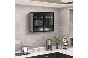 HAINEW Nowoczesna szafka wisząca, szafka kuchenna, szafka ścienna z 2 szklanymi drzwiami, metalowa i szklana, szafka łazienkowa, wisząca szafka medyczna do kuchni i łazienki (czarna)