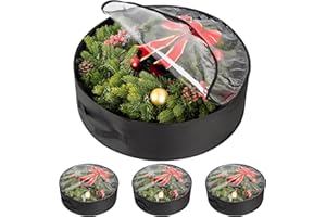 WSRYX Paquete de 3 bolsas de almacenamiento de corona de Navidad con ventana transparente, organizador impermeable de polietileno y PVC negro para guirnalda, adornos, cierre de cremallera y asa (24 x 7.8