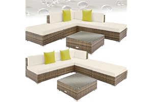 TecTake® Ensemble Salon de Jardin Exterieur XXL en Poly Rotin Modulable Canapé 5 Places 3 Fauteuil Salon 2 Tabouret Pouf et 1 Table de Jardin, Mobilier de Jardin pour Amenagement Balcon Terrasse