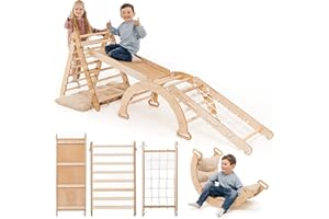 GOODEVAS 5-in-1 Indoor Climbing Frame for Toddlers - Wooden Triangle, Arch & Climbing Ramp & Net & Cushion, Montessori Climbing Frame, Kids Wooden Gym, Foldable Climbing Toys for Kids 1-5 Age