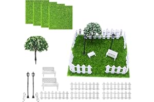 NHYDZSZ 14 StüCk Kunstrasen Miniaturgarten,Miniatur Garten ZubehöR,Mini Garten MöBel Deko Set,Mit Miniatur Kunstrasen, Zaun, Bank,StraßEnlampe, Baum FüR Weihnachtswichtel ZubehöR, Puppenhaus, Feegarten