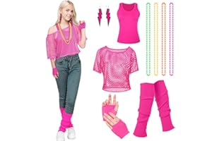 Forfamy Ropa Años 80 Disfraz Años 80 Mujer Accesorios de Disfraz de Los Años 80, Camiseta de Red de Neón para Mujer con Chaleco, aretes, collar, Juego de Disfraces de los Años 80