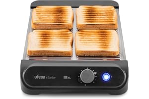 Ufesa Grille-Pain Plat Barley, 900W avec 3 Résistances au Quartz, Grille-Pain Horizontal en Acier Inoxydable, Taille XL pour 4 Tranches, 7 Niveaux, Réchauffer et Décongeler, Ramasse-Miettes