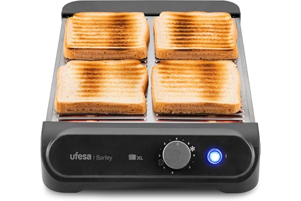 Ufesa Grille-Pain Plat Barley, 900W avec 3 Résistances au Quartz, Grille-Pain Horizontal en Acier Inoxydable, Taille XL pour 4 Tranches, 7 Niveaux, Réchauffer et Décongeler, Ramasse-Miettes
