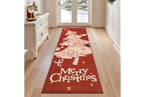 ‎GEANUP Geanup Weihnachtsteppich Läufer für Flur 60 x 180 cm, Rot Waschbar Weihnachtsbaum Küche Teppichläufer, Weicher Kurzflor Flurteppiche für Schlafzimmer Waschküche Badezimmer Wohnzimmer Winterdekoration