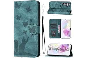 LSPCASA Phone Case For Samsung Galaxy A35 Premium PU Leather Material Samsung Galaxy A35 Case With Card Slots Cat Butterfly Pattern Samsung Galaxy A35 Cover Green