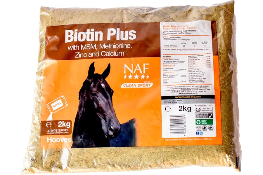 NAF Biotin Plus Refill – High Strength Hoof Supplement for Horses – Supports Healthy Hoof Growth, Strong Horn Structure & Cracked Hooves – with MSM, Zinc, Methionine – 2kg Powder