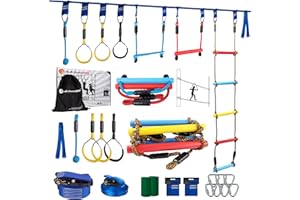 GENTLE BOOMS SPORTS Ninja Warrior Hindernisparcours für Kinder 2×56ft Slackline Set für 5+ Jährige mit Monkey Bars Leiter Klettern Griffe Pulley Disc Baumschwinge Gymnastikringe Outdoor (8 Obstacle Blue)