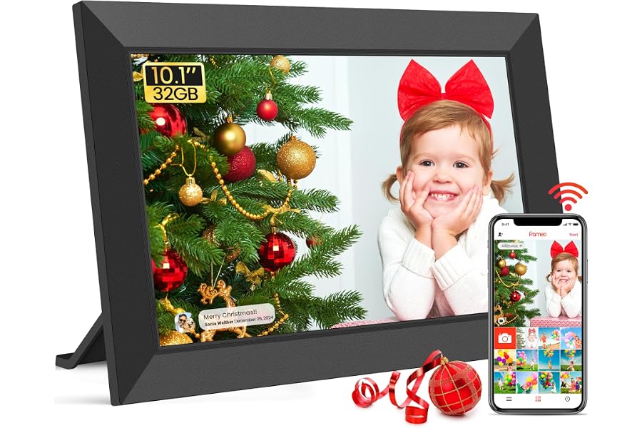 Frameo WLAN Digitaler Bilderrahmen 10,1 Zoll, HD 1280 * 800 IPS Touchscreen Elektronischer FotoRahmen mit 32GB Speicher, Auto Drehung, Einfache Weitergabe von Fotos Videos über Frameo App