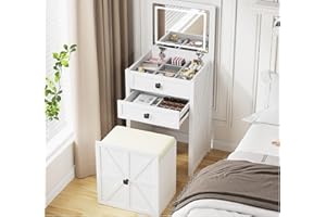 FREDEES 3-in-1 Schminktisch mit Spiegel, Kleine Schminkkommode mit Sanfter Beleuchtung, Platzsparende Schminkkommode mit Stauraum und Gepolstertem Hocker, Schminktisch