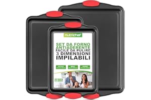 NutriChef Set 3 Teglie da Forno Antiaderente, Acciaio al Carbonio con Rivestimento Grigio, Maniglie in Silicone Rosso, 4.5 Litri, Nero