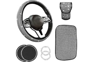 Giswell 7 Pcs Sparkly Steering Wheel Cover Set, Sparkly Diamond Steering Wheel For Women, Fit 37-38cm Steering Wheel, Bling Crystal Diamond Car Accessories For Women Ladies Girls