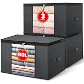 NEWSONA Pack of 3 Foldable Storage Bags 80L - Dark Grey - 3 Layer Fabric with Transparent Window - for Clothes, Blankets, Bed