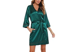 Vlazom Women's Satin Dressing Gown, Silk Lace Kimono Robe Soft Wedding Party Bathrobe 3/4 Sleeve Sleepwear with Oblique V-Neck UK Size 6-24