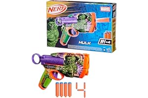 Nerf Marvel Hulk Dart Blaster with 2-Dart Capacity, Pull-Back Priming & 4 Official N1 Foam Darts, Licensed Marvel Avengers Toy Blaster for Kids (8+), Perfect Christmas Toys for Boys & Girls