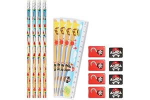 com-four® 4X Set d'écriture Scolaire avec Un Crayon, Une règle, Un Taille-Crayon et Une Gomme - Set d'écriture (16 pièces - Pirate)