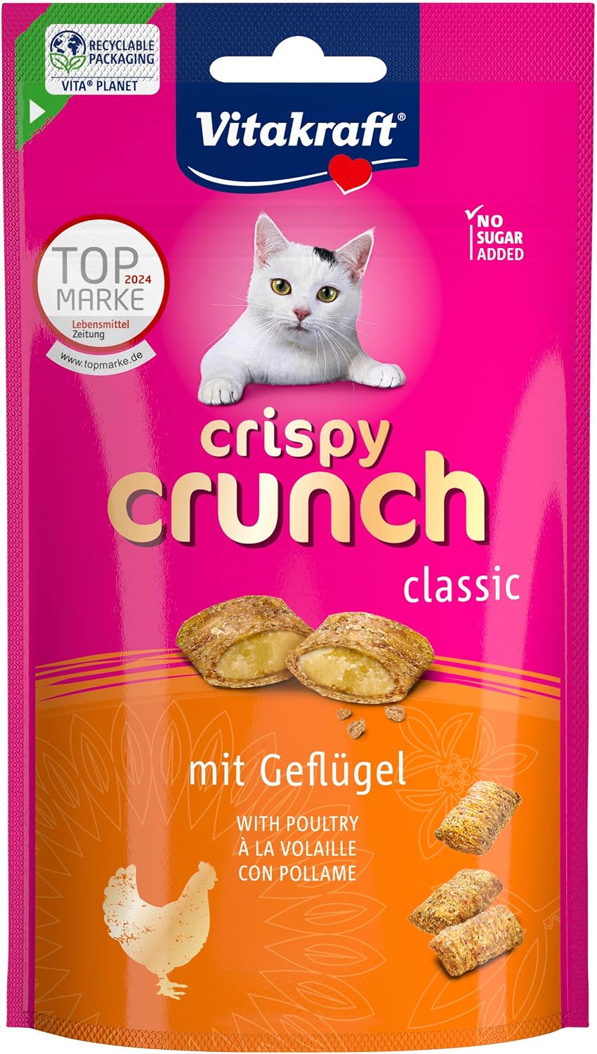 Vitakraft Crispy Crunch Classic, golosina para gatos, snack crujiente relleno de ave, en bolsa resellable, sin azúcar añadido (1x 60g)