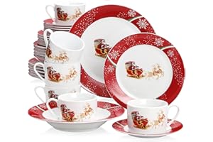 VEWEET, Series CHRISTMASDEER, 30-Piece Dinner Set Porcelain Combination Set, with Cup Saucer Dessert Plate Soup Plate and Dinner Plate, Dinnerware Service Set for 6 Person Christmas Holiday