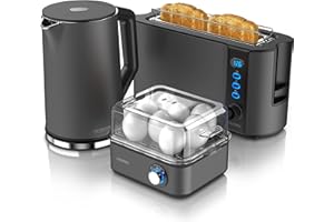 ‎ARENDO Arendo - Wasserkocher mit Toaster SET und Eierkocher Edelstahl Cool Grey Wasserkocher 1,5L 40° - 100°C Toaster 2 Scheiben LED-Display 6 Bräunungsgrade Eierkocher 1-8 Eier Messbecher