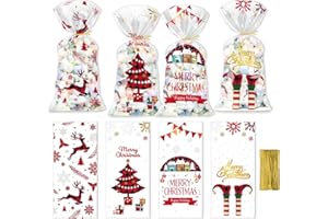 WDJLNZB Sachets en Plastique Noël pour Bonbons & Biscuits, 120pcs Sacs de Bonbons Clairs de Noël Idéaux Sacs de Cellophane de Noël, Sacs de Cadeau Noel avec Cravates Torsadées (iSL006)
