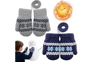 Scettar 2 Paia Guanti Maglia Bambino con Cordoncini, Muffole Bambino Invernali Termici, con Motivo a Fiocco di Neve, per Bambini da 1 a 4 Anni